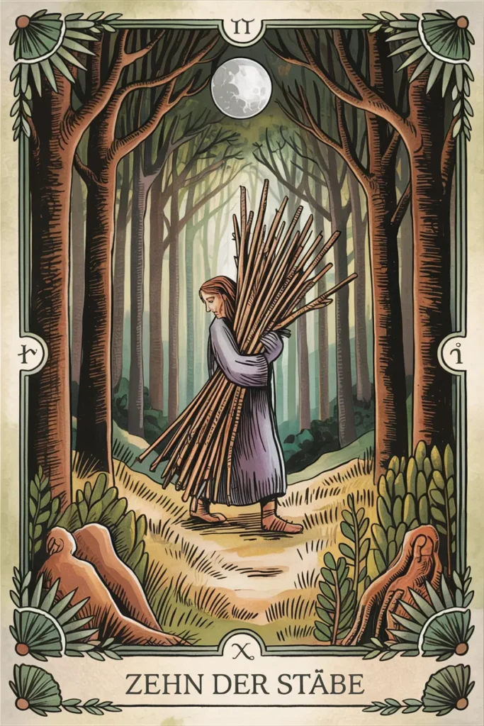 Tarotkarte Zehn der Stäbe in mystischer Waldästhetik mit zehn Stäben als Symbol für abschluss, fülle oder überlastung.