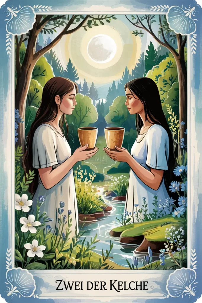 Tarotkarte Zwei der Kelche in mystischer Waldästhetik mit zwei Kelchen als Symbol für entscheidung, balance oder begegnung.