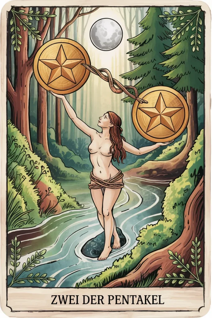 Tarotkarte Zwei der Pentakel in mystischer Waldästhetik mit zwei Pentakeln als Symbol für entscheidung, balance oder begegnung.
