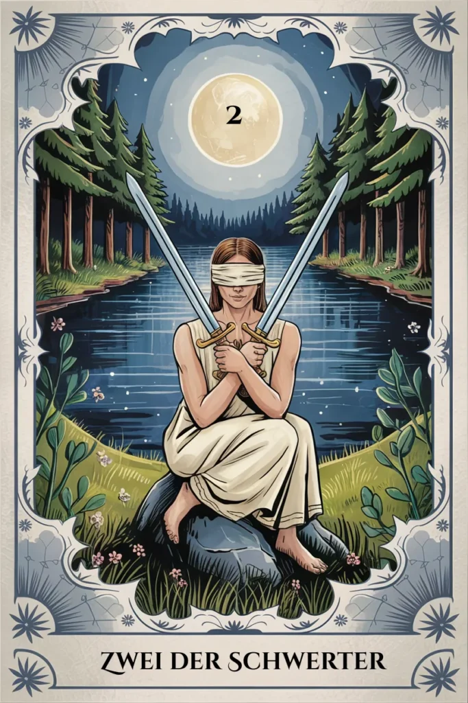 Tarotkarte Zwei der Schwerter in mystischer Waldästhetik mit zwei Schwertern als Symbol für entscheidung, balance oder begegnung.