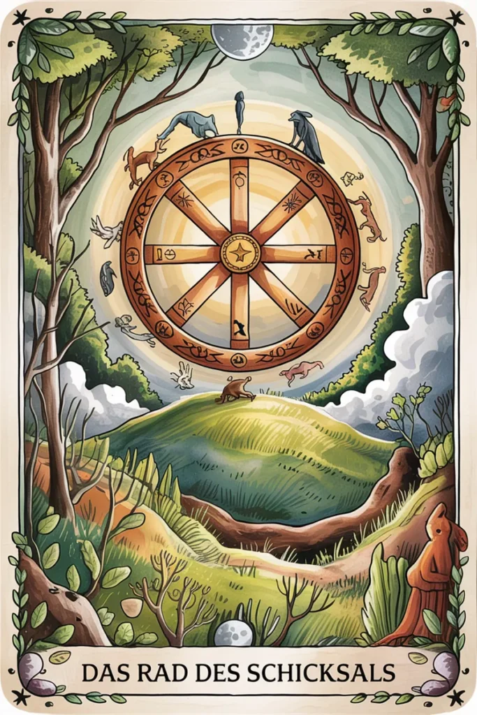 Tarotkarte Das Rad des Schicksals in naturmystischer Bildsprache mit einer Szene für wandel, zyklen und schicksalsbewegung.