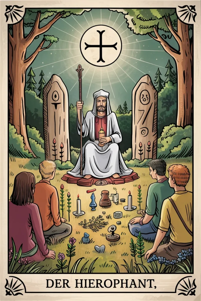 Tarotkarte Der Hierophant in naturmystischer Bildsprache mit einer Szene für tradition, sinnsuche und spirituelle ordnung.