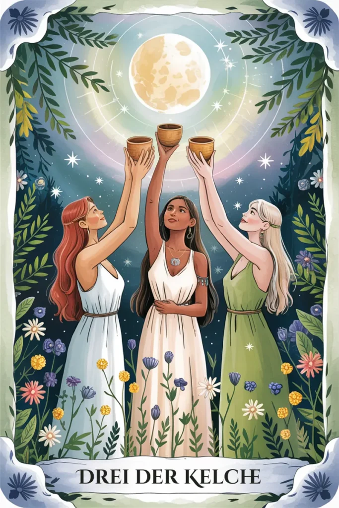 Tarotkarte Drei der Kelche in mystischer Waldästhetik mit drei Kelchen als Symbol für entwicklung, austausch und wachstum.