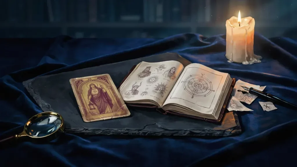 a single weathered tarot card lying face up on dark stone, soft candlelight