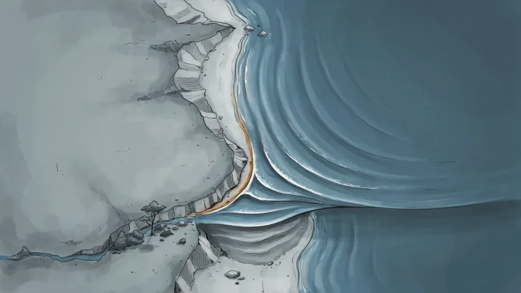 Ein Riss zieht landeinwärts, das Wasser strömt in die Lücke.