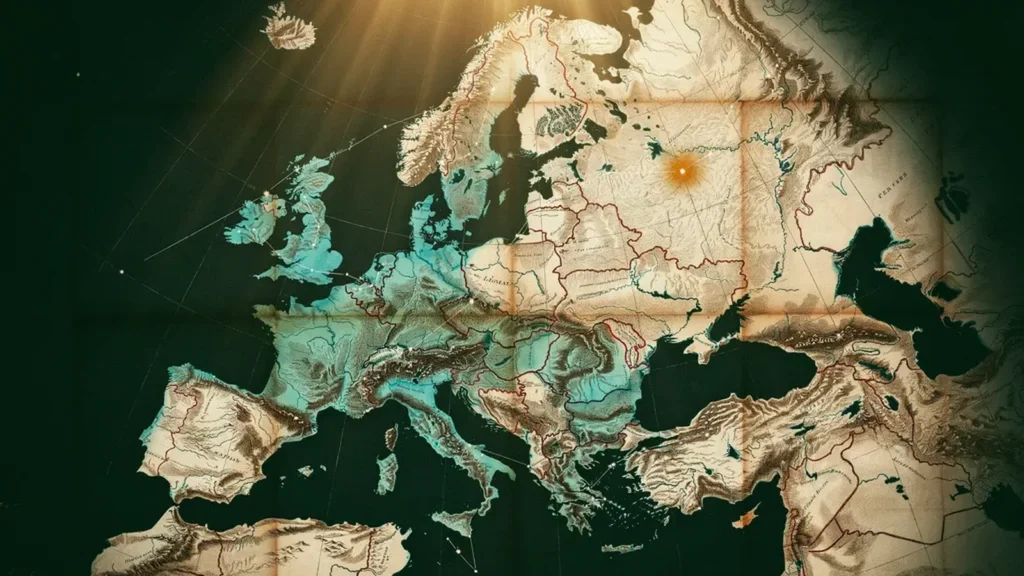 Zwei Karten, eine Signatur: die alte Europakarte von 1914 und die Sternkarte von 2026.