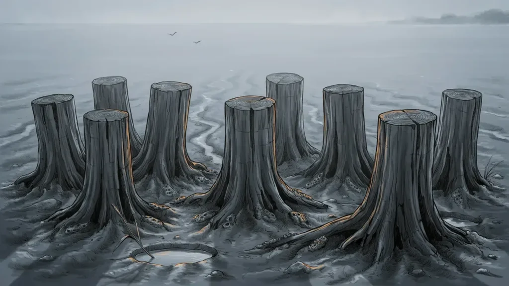 Die Reste von Doggerland: schwarze Stümpfe im Watt – Zeugen der letzten großen Flut.