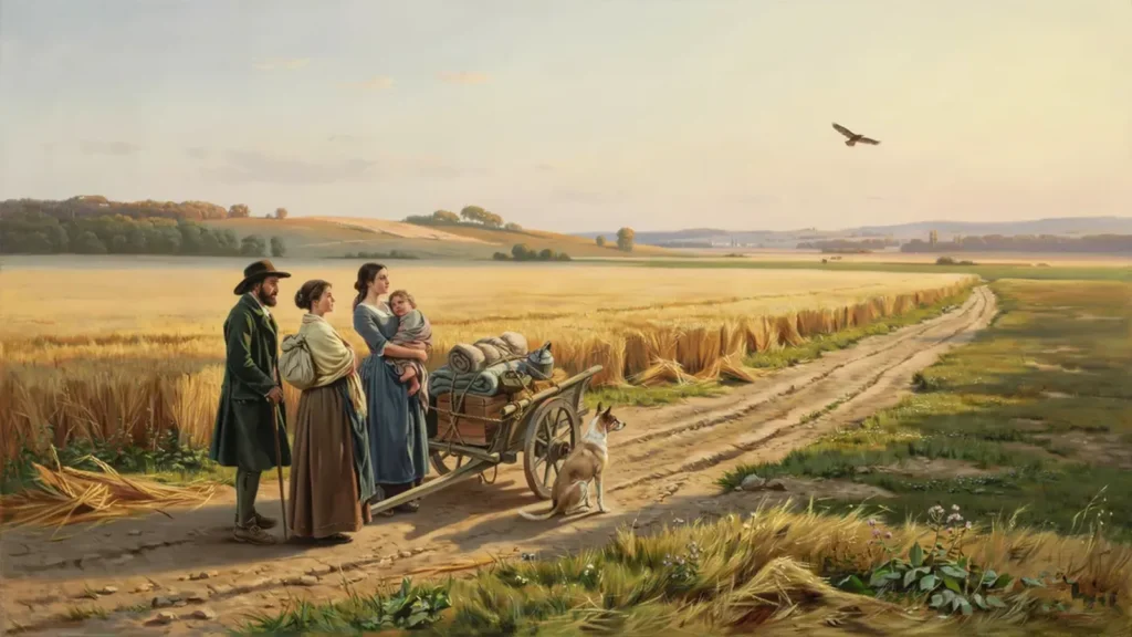 „Die landlosen Leut ziehen dahin …“ – Menschen mit einfachem Gepäck ziehen ins offene Land.