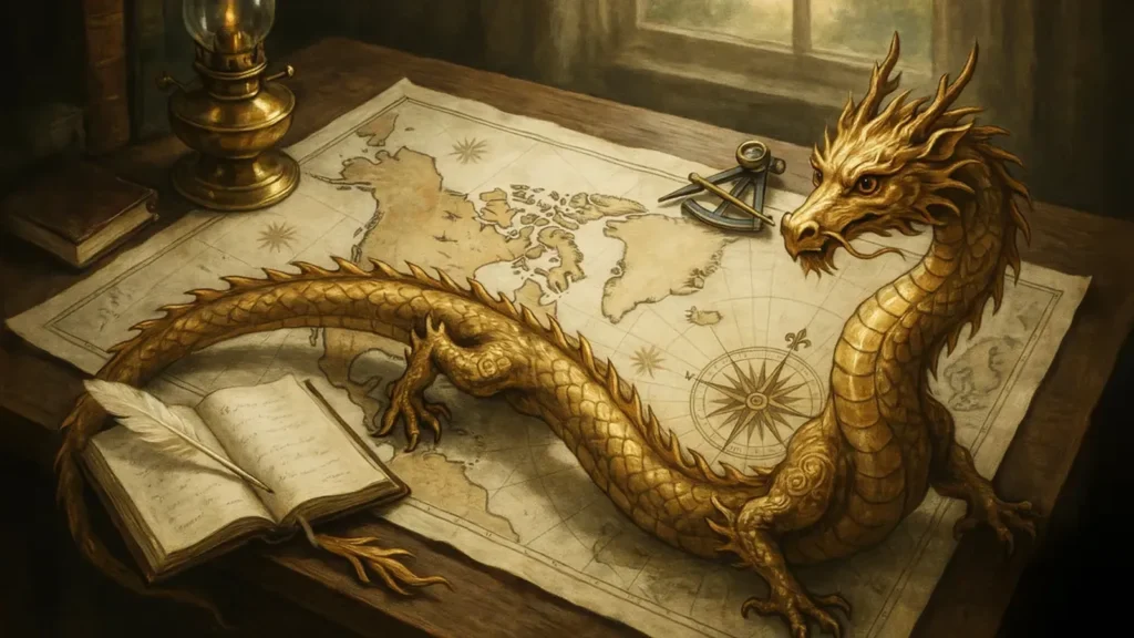 Der gelbe Drache – wie nachträglich auf eine alte Nordkarte gedruckt.