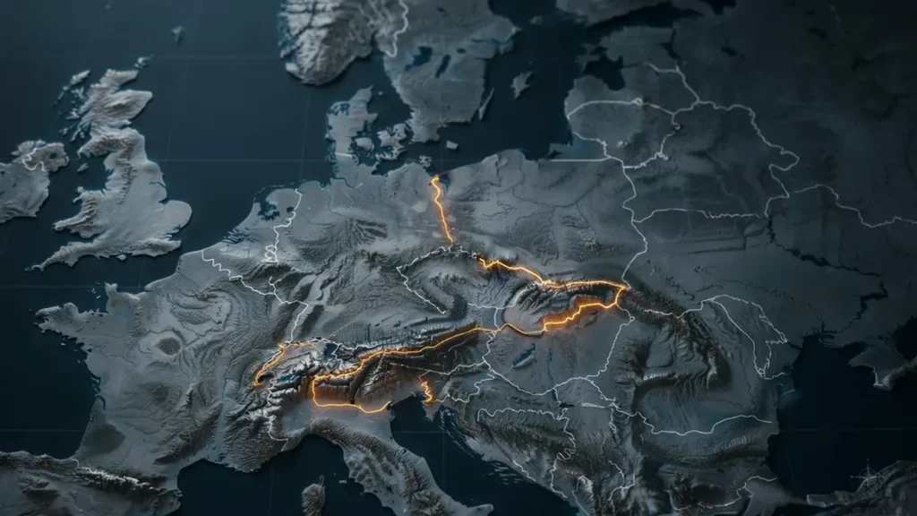 Die alten Einfallsrouten Mitteleuropas – die Alpen bleiben der dunkle, ruhige Block.