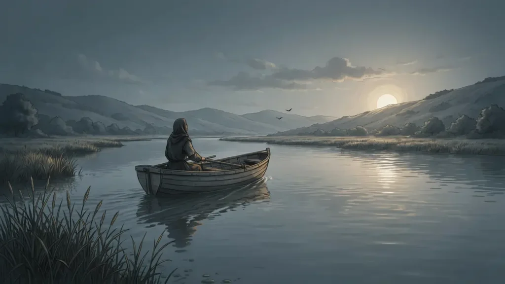 Der Rhein im ersten Morgenlicht – ein Boot zieht nach Süden, Richtung des Retters.