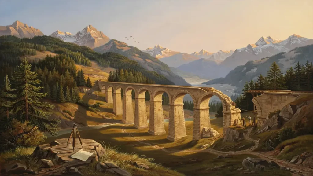 Die fast vollendete Brücke im Abendlicht — ein letzter Bogen fehlt noch.
