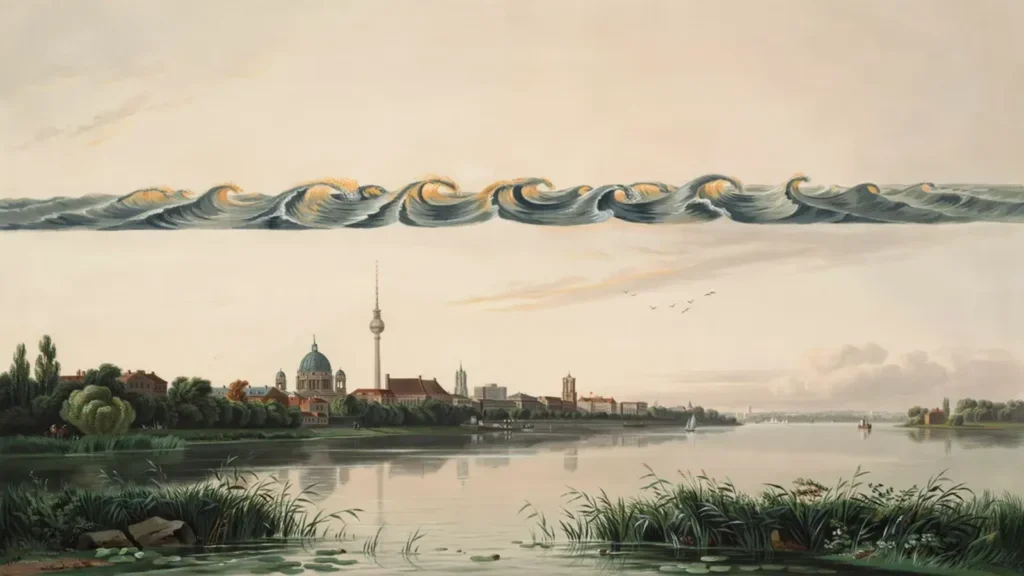 Berlin in der Dämmerung – und am Nordhorizont eine zweite Skyline aus Wasser.