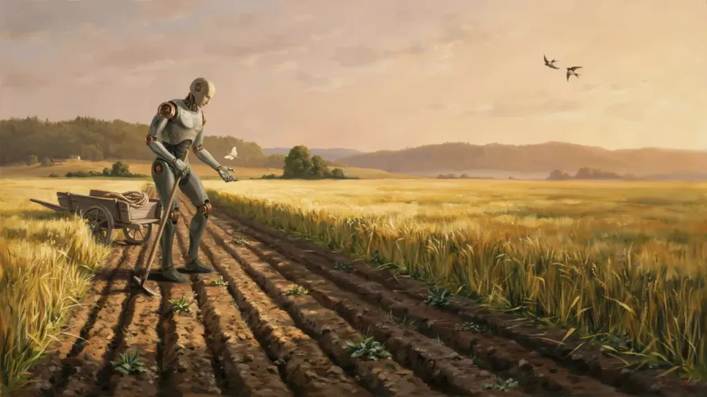 Ein humanoider Roboter arbeitet ruhig und beiläufig auf einem abendlichen Feld – klein, unbedrohlich, im warmen Gold.