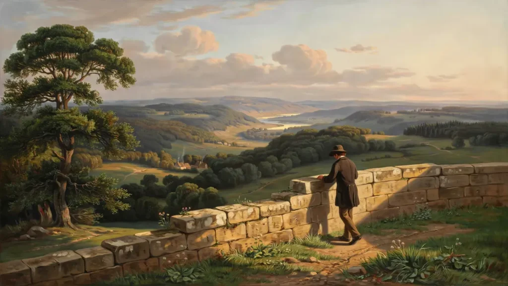 Schlussbild: eine einzelne Menschensilhouette blickt von der Mauer ins weite Tal, hoch am Himmel ein winziger Punkt einer fernen Drohne.