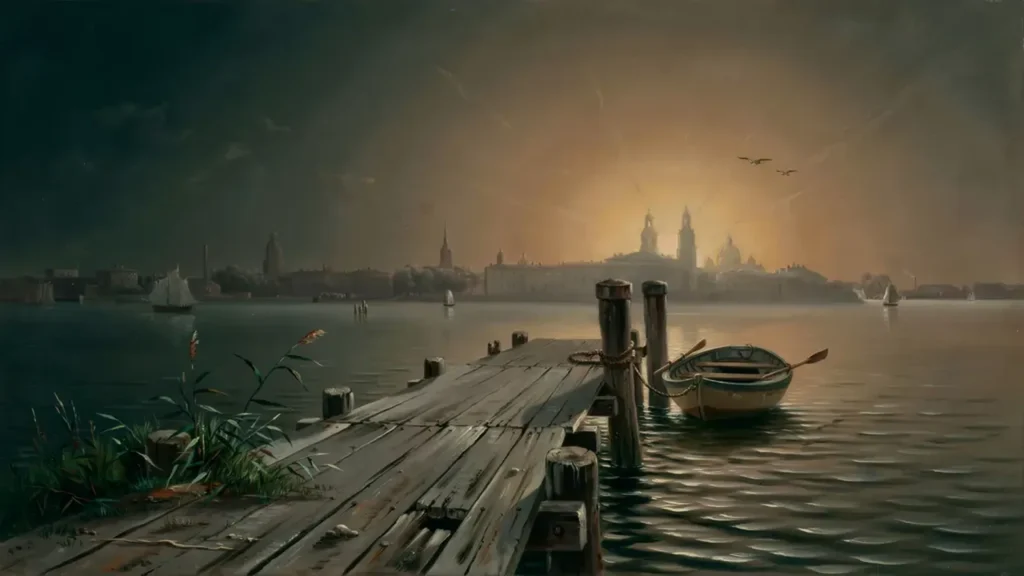 New York im Abenddunst – das Symbol der neuen Welt, still über dem Wasser.