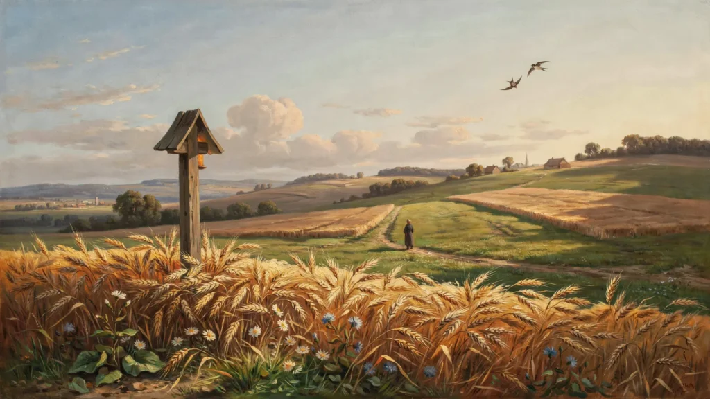 Ein Wegkreuz am Feldrand im Abendlicht, dahinter reifes Getreide und ein weiter, ruhiger Himmel
