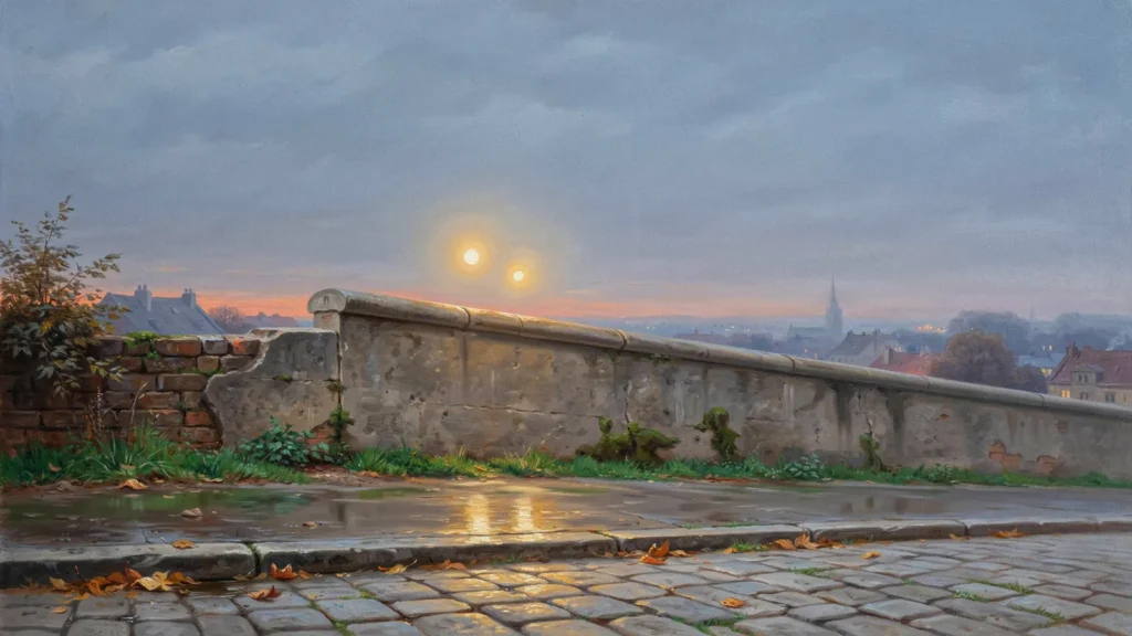 Die Berliner Mauer im Novemberdunst, über der Mauerkrone zwei helle Lichtpunkte eng beieinander am Abendhimmel — das Mau