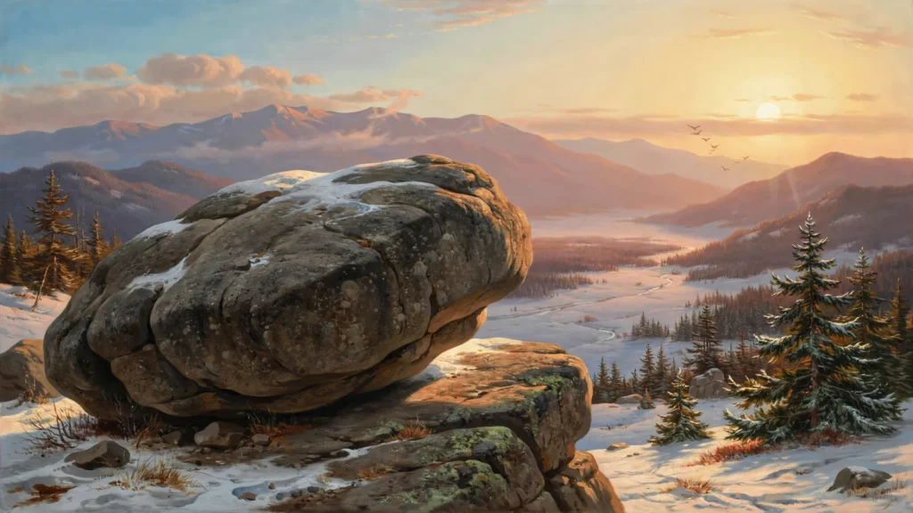 Ein großer Findling balanciert auf einer Felskante über einem winterlichen Tal — der Kipppunkt als Naturbild (Abschnitt