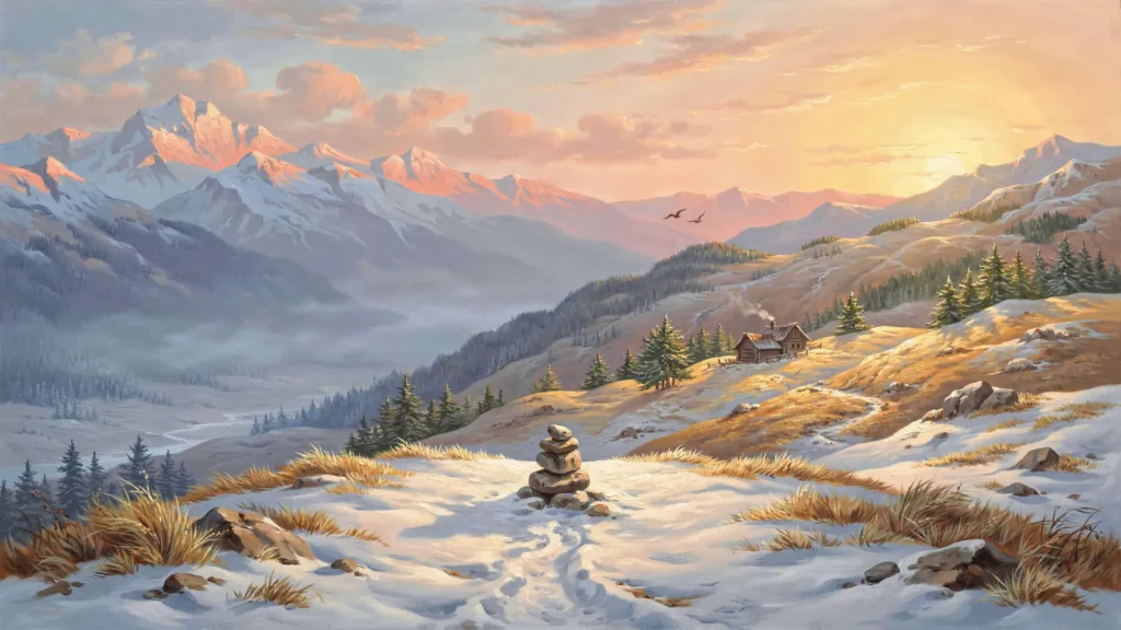 Winterlicher Berggrat im ersten Morgenlicht, der Pfad gabelt sich in zwei Täler — eines im Nebel, eines im warmen Licht