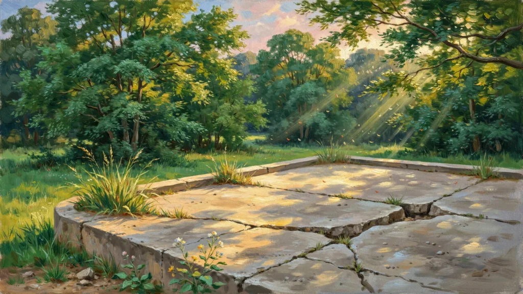 Ein halb im Grün verschwundenes altes Wachturm-Fundament, Birken und Gräser wachsen durch die Betonfugen (Abschnitt 3)