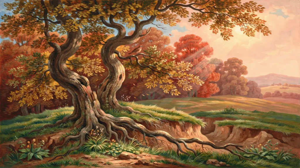 Ein knorriger alter Baum, dessen freigelegte Wurzeln zwei unterschiedliche Bodenschichten sichtbar miteinander verbinden