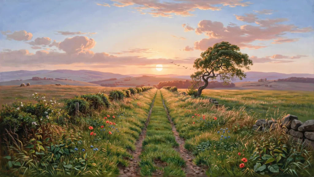 Ein Feldweg genau auf der Spur des ehemaligen Grenzstreifens, heute beidseitig gleich bewachsen, im warmen Abendlicht (A
