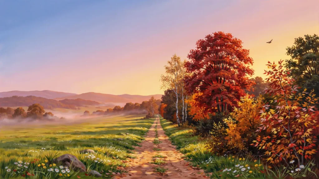 Ein alter Wanderweg auf einer unsichtbaren Linie durch eine Herbstlandschaft, links Nebelschwaden, rechts klarer Abendhi