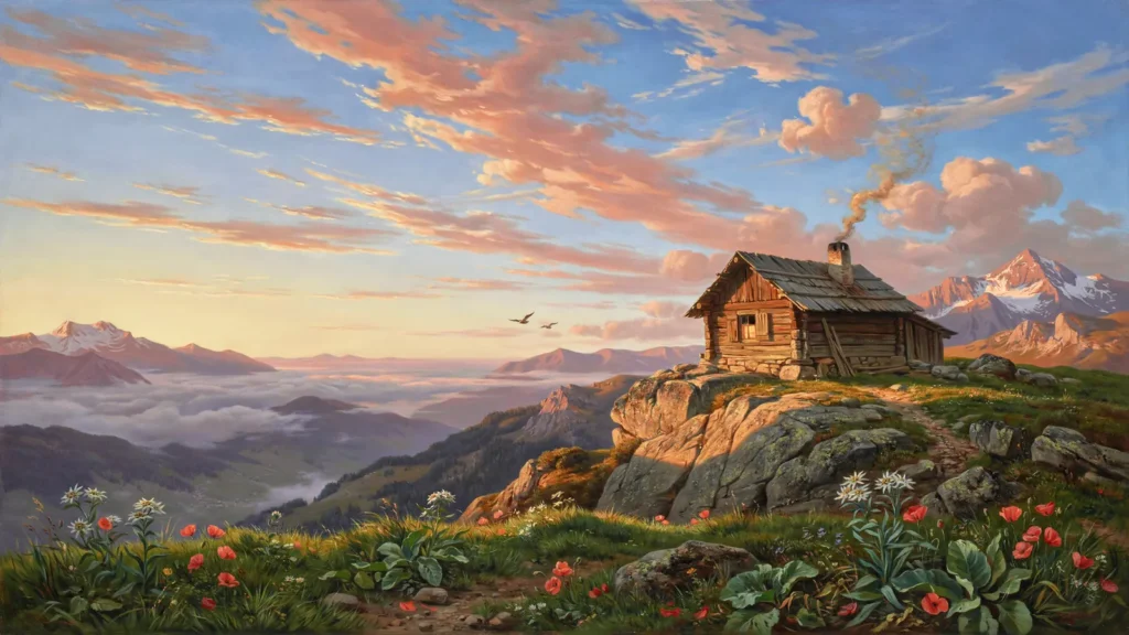 Weite Ferne: kleine Almhütte hoch über einem dunklen wolkenverhangenen Tal, die Hütte im letzten warmen Abendlicht, davo